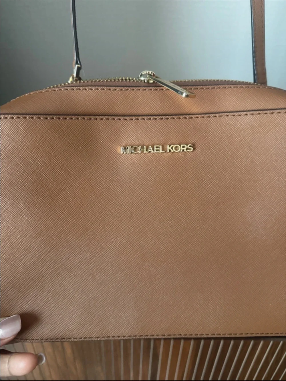MICHAEL KORS Brown Saffiano Leather Crossbody with Gold Hardware